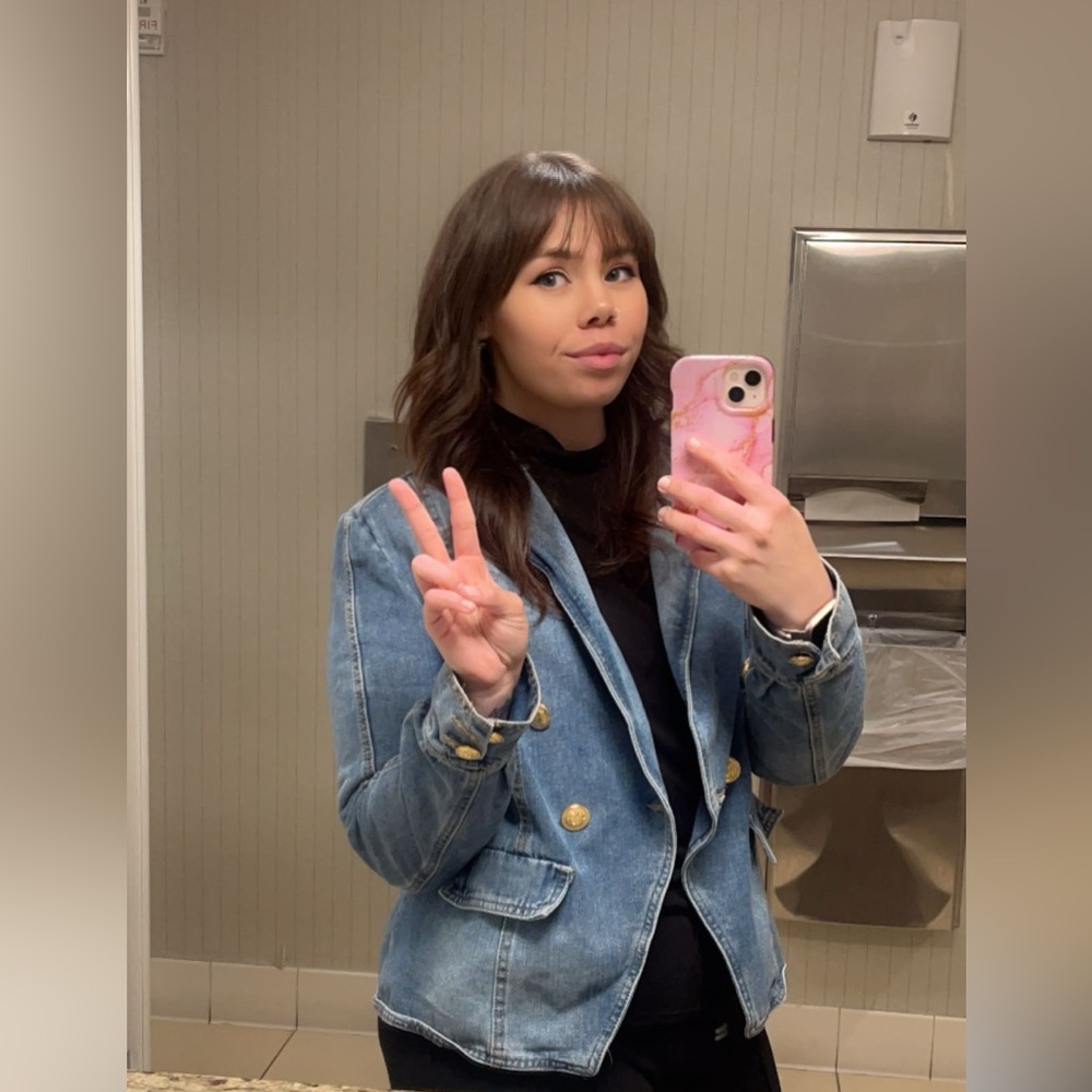 Womens Blue Denim Double-Breasted Blazer Jacket